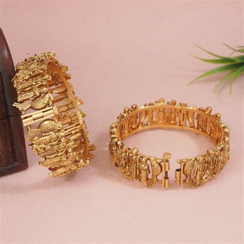 Traditional Ram-Sita Gold Matte Finish Kada Bangle - Temple Jewellery