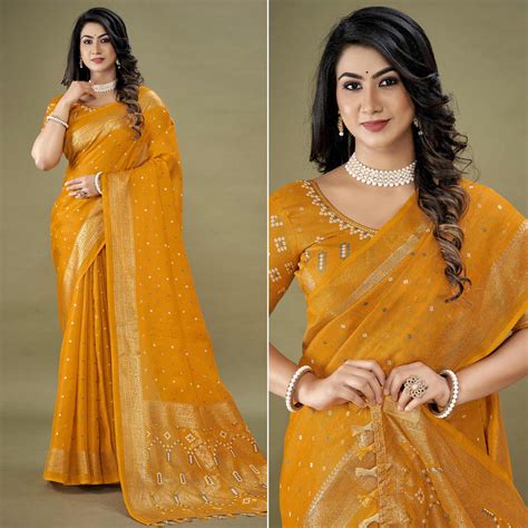 Yellow Bandhani Printed With Zari Border Jute Saree