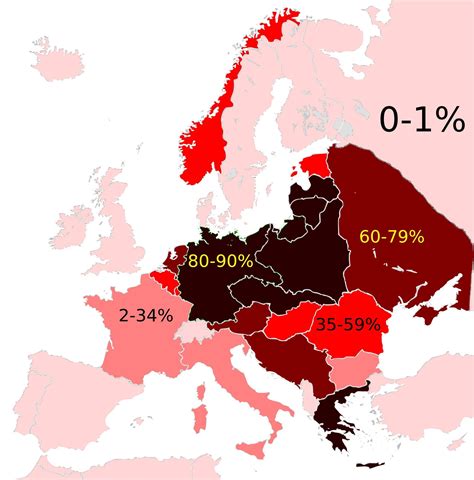 Map of the Jewish Holocaust death toll as a percentage of the total pre-war Jewish population by ...