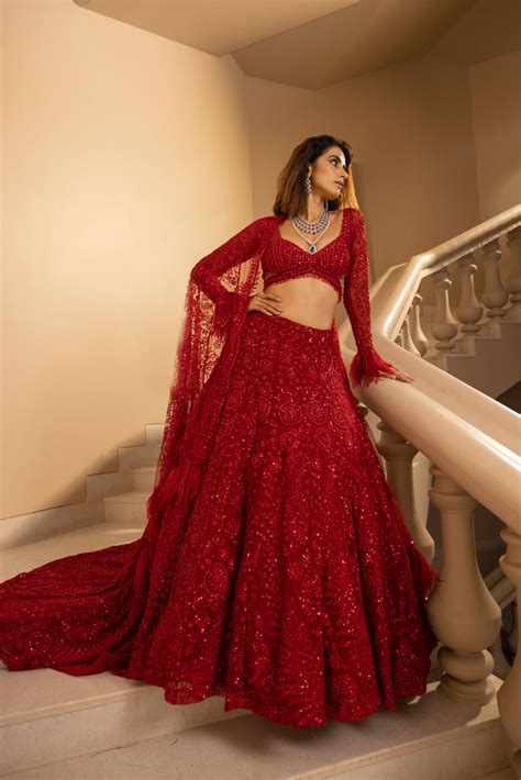 Buy Emani Red Trail Lehenga with Short Veil| Rouje – Rouje