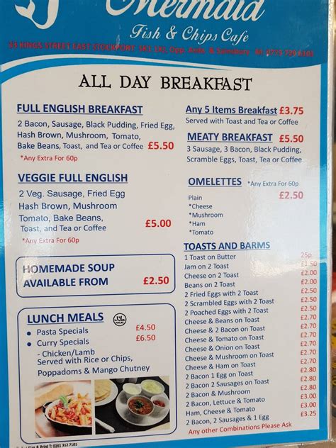 Menu at Mermaid Cafe, Stockport