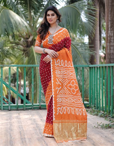 Orange & Maroon Hand Bandhej Bandhani Saree With Zari Weaving Work ...