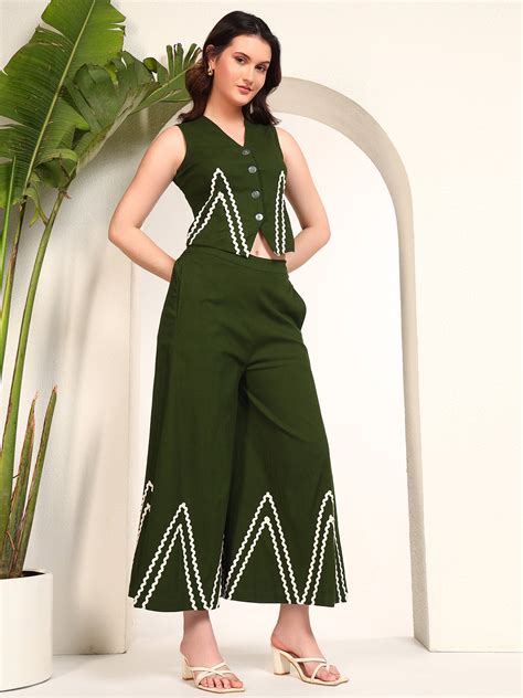 Olive Green Waistcoat With Bell Bottom Women Co-Ord Set