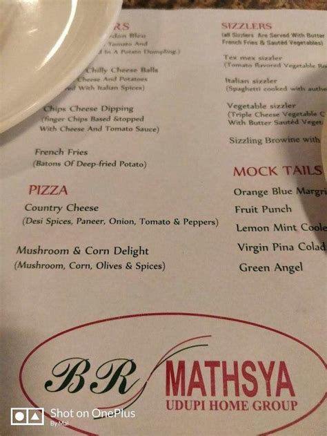 Menu at BR Mathsya, Chennai