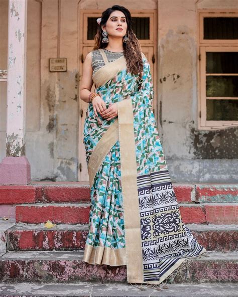 Contemporary Abstract Print Saree with Gold Border and Monoc