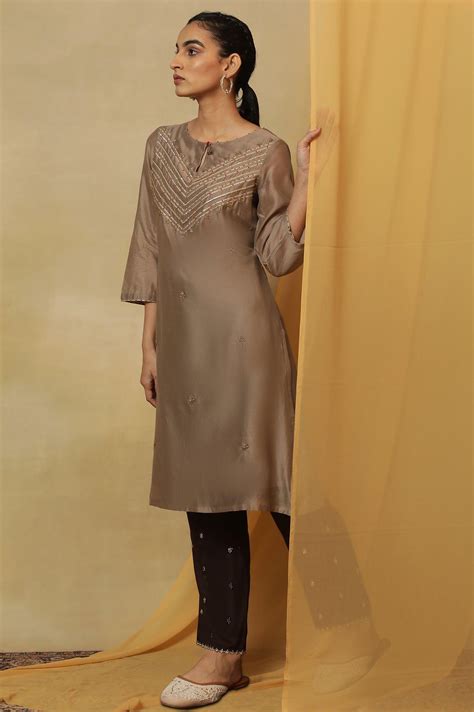 Buy Light Grey Bead Embroidery Cotton Silk Kurta @ 4599 | W for woman ...