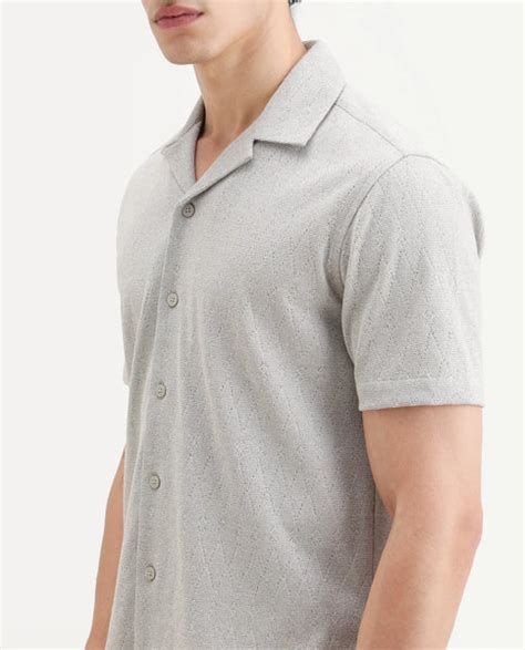 Buy Thea - Light Grey Jacquard Relaxed Fit Cuban Collar Shirt| Rare Rabbit