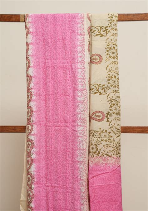 Beige and Pink Unstitched Cotton Salwar Set With Mirror W|Desically Ethnic