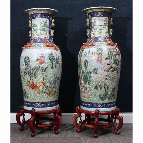 Monumental Chinese Floor Vases on Stand, Marked - Helmuth Stone Gallery