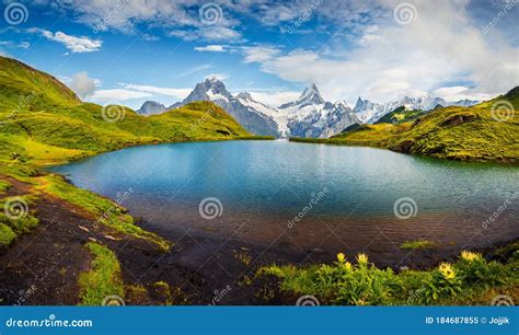 Wetterhorn and Wellhorn Peaks Over Bachsee Lake. Colorful Summer Scene ...