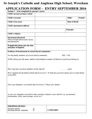 Fillable Online st-joseph wrexham sch APPLICATION FORM ENTRY SEPTEMBER ...