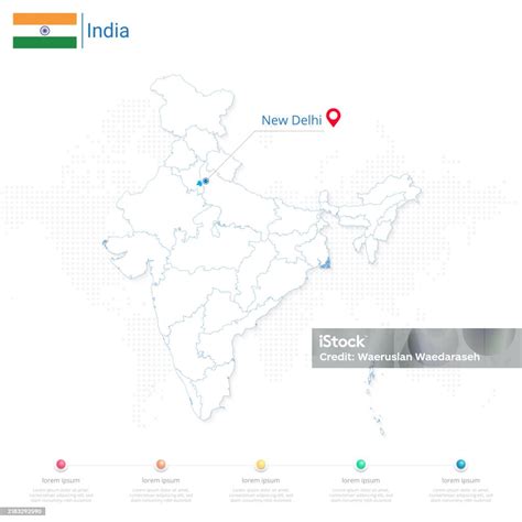 India Map Detailed Infographic And Pin Of Country Capital New Delhi On White Background Stock ...