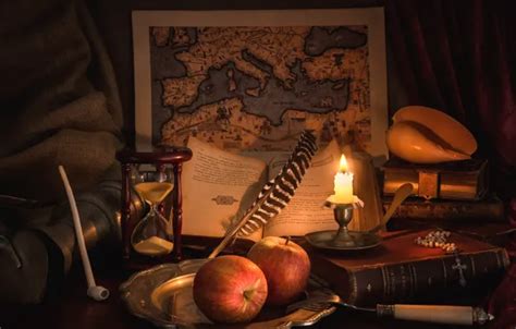 Wallpaper pen, apples, books, map, candle, tube, shell, still life for ...