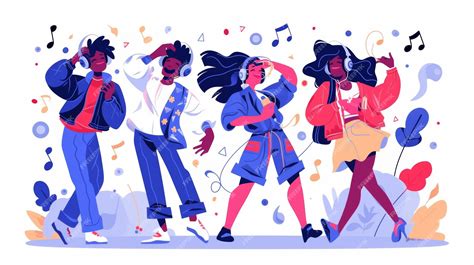 Premium Photo | Various young cartoon characters listening to music in ...