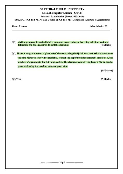 MSc CS Slips CS554MJP DAA - M.(Computer Science) Sem-II Practical ...