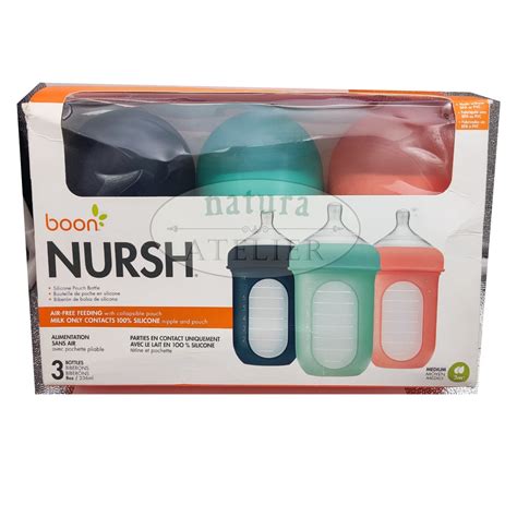 Boon Nursh Silicone Pouch Baby Bottle, 8oz, 3 pack, Stage 2 Med Flow Nipple (Damaged Box ...
