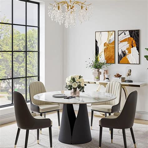 Mid Century Modern Round Dining Table with 60 Inch Marble Top, Leaf ...
