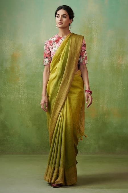 Buy Green 100% Handloom Linen Iraah Ombre Saree For Women by Dressfolk ...