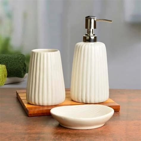StyleMyWay Ceramic Bathroom Set in Pristine White (White, 1 Liquid Soap ...