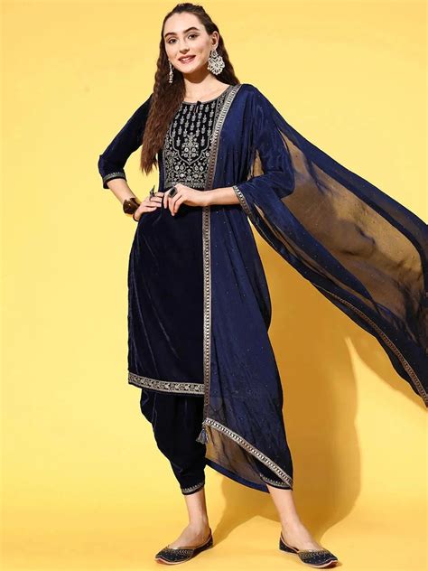 Buy Navy Blue Yoke Design Velvet Straight Kurta With Dhoti Pant ...
