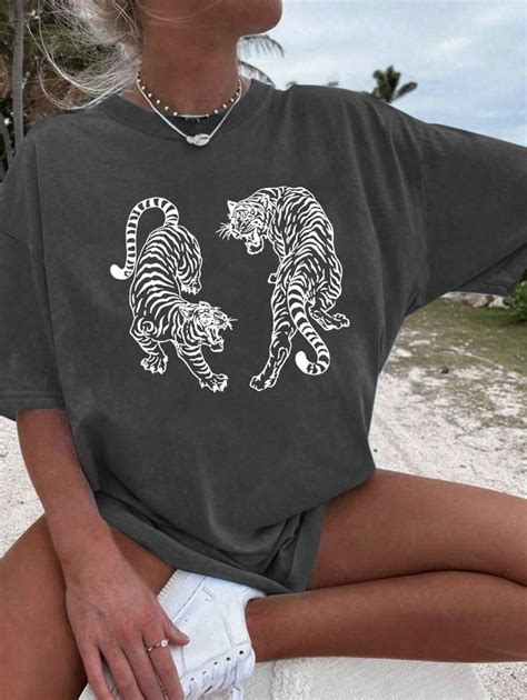 INAWLY Vintage Tiger Print T-Shirt,Women's Loose Fit Crew Neck Short ...