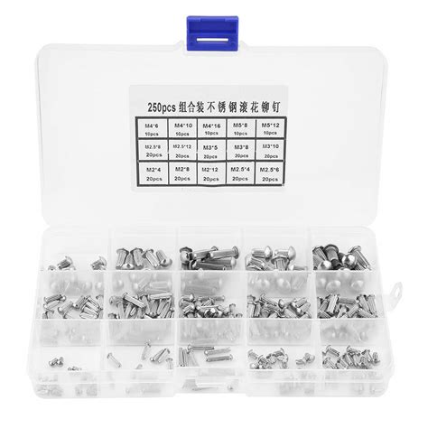 250pcs M2-M5 Stainless Steel Rivets Round Head Rivet Knurled Shank ...