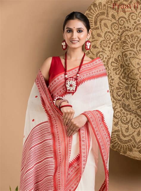 White Bengal Handloom Saree with Red Border – Krafts & Knits