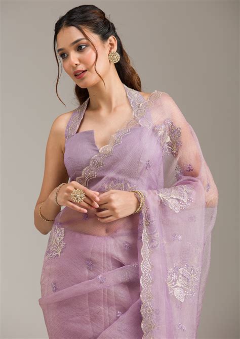 Buy Lavender Stonework (Gold) Tissue Saree - Koskii