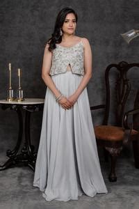 Buy Blue Viscose, Georgette Sequins, Cut Work V-neck Embroidered Front ...