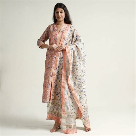 Sanganeri Block Printed Maheshwari Silk Kurta with Palazzo & Dupatta Set