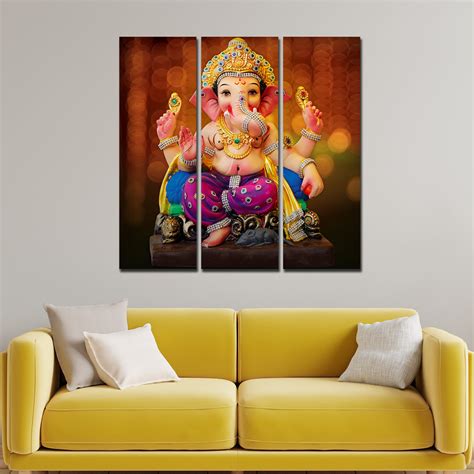 Spiritual God Ganesha Wall Painting of Three Panels – Homcraft