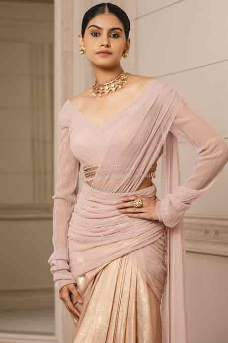 Buy Pink Tulle, Dolphin Jersey V Neck Pre-draped Saree With Fluted ...