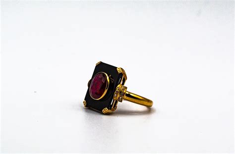 Art Deco Style White Diamond Oval Cut Ruby Onyx Yellow Gold Cocktail Ring For Sale at 1stDibs ...