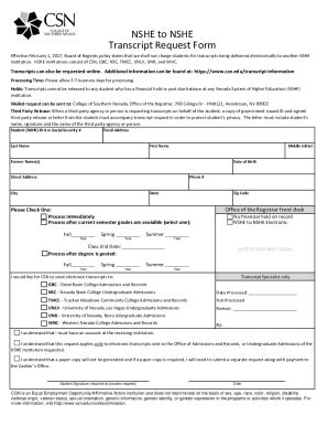 Fillable Online NSHE to NSHE Transcript Request Form Fax Email Print ...