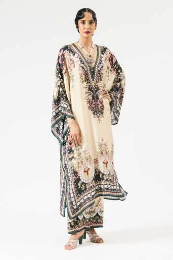 Buy Beige Silk Embroidery V-neck Gufrina Floral Print Neckline Kaftan ...