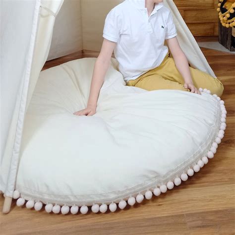 Large Floor Cushion With Coloured Pompoms, Boho Big Pillow to Sit on in ...