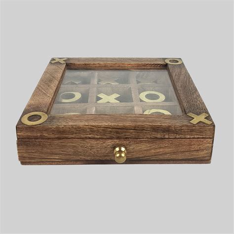 The Bombay Store Wooden Tic Tac Toe with Sliding Drawer Box 6 in x 6 in ...