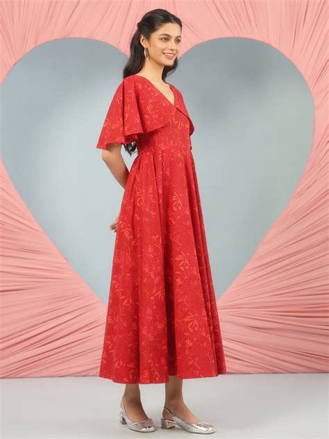 Buy Women's Flared Printed Dress With Cape Sleeves Online in India | Anayna