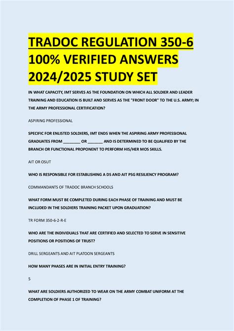 TRADOC REGULATION 350-6 100% VERIFIED ANSWERS 2024/2025 STUDY SET ...