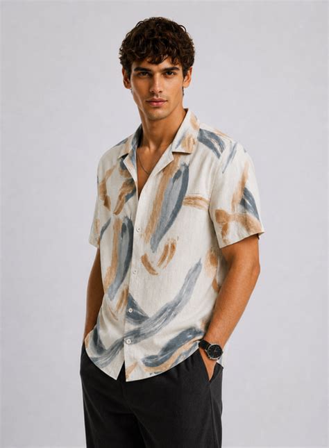 Adro Sand Drift Relaxed Fit Cuban Collar Cotton Linen Abstract Print S