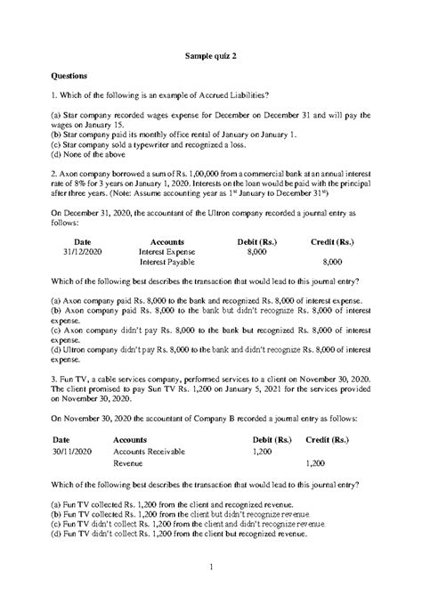 Sample Quiz 2: Accrued Liabilities and Revenue Recognition - Studocu