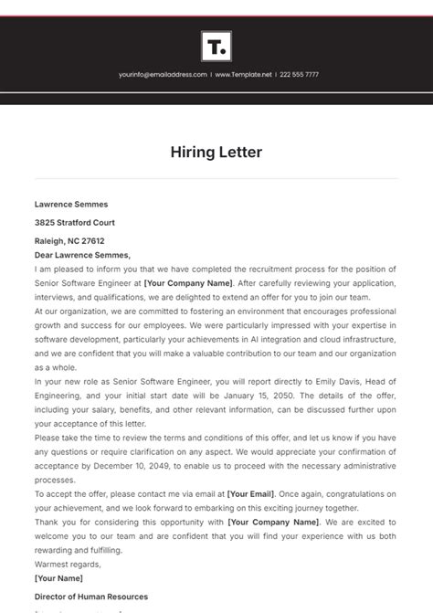 Free Hiring Letter Template to Edit Online