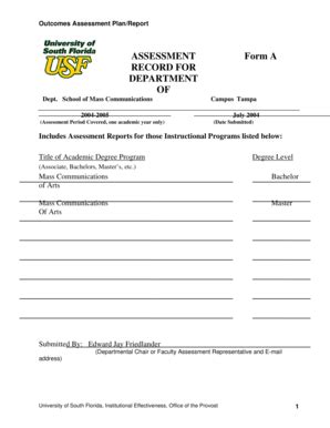 Fillable Online Outcomes Assessment Plan/Report ASSESSMENT RECORD FOR ...