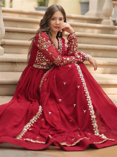 Buy Red Zari Embroidered Georgette Anarkali Gown From Ethnic Plus