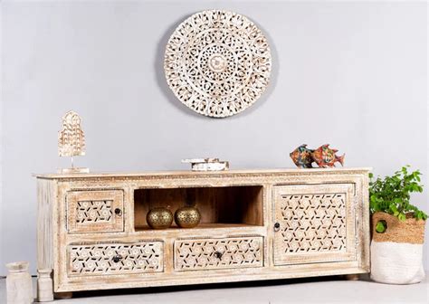 Hand‑Carved Solid Mango Wood TV Unit — Distressed White Finish, Lattic ...