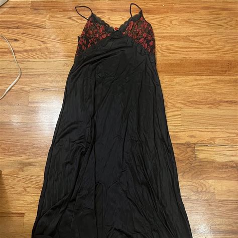 Long floor length black satin slip with red lace and... - Depop