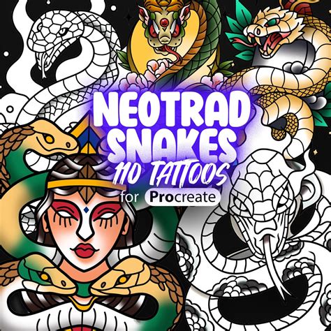 110 Procreate Neo-traditional Snakes Tattoo Stamps | Procreate Neo ...