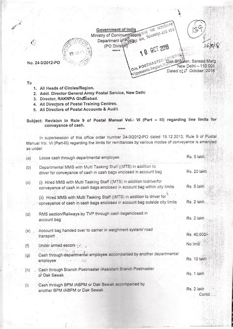 Revision in Rule 9 of Postal Manual Volume VI (Part-III) regarding line ...