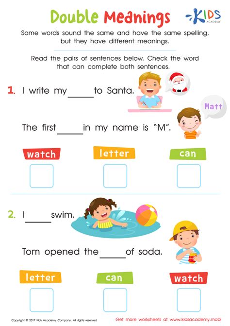 Double Meanings Worksheet: Free Printable for Kids