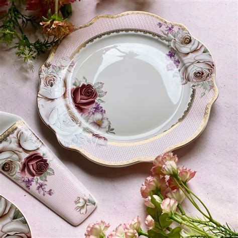 Rose Garden 8 Pcs Snack Set (1 Serving Plate, 6 Quarter Plates, 1 Serv ...